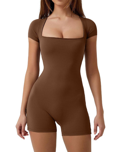 Women's Short Sleeve Bodycon Romper Stretchy Square Neck Sexy Unitard Jumpsuit