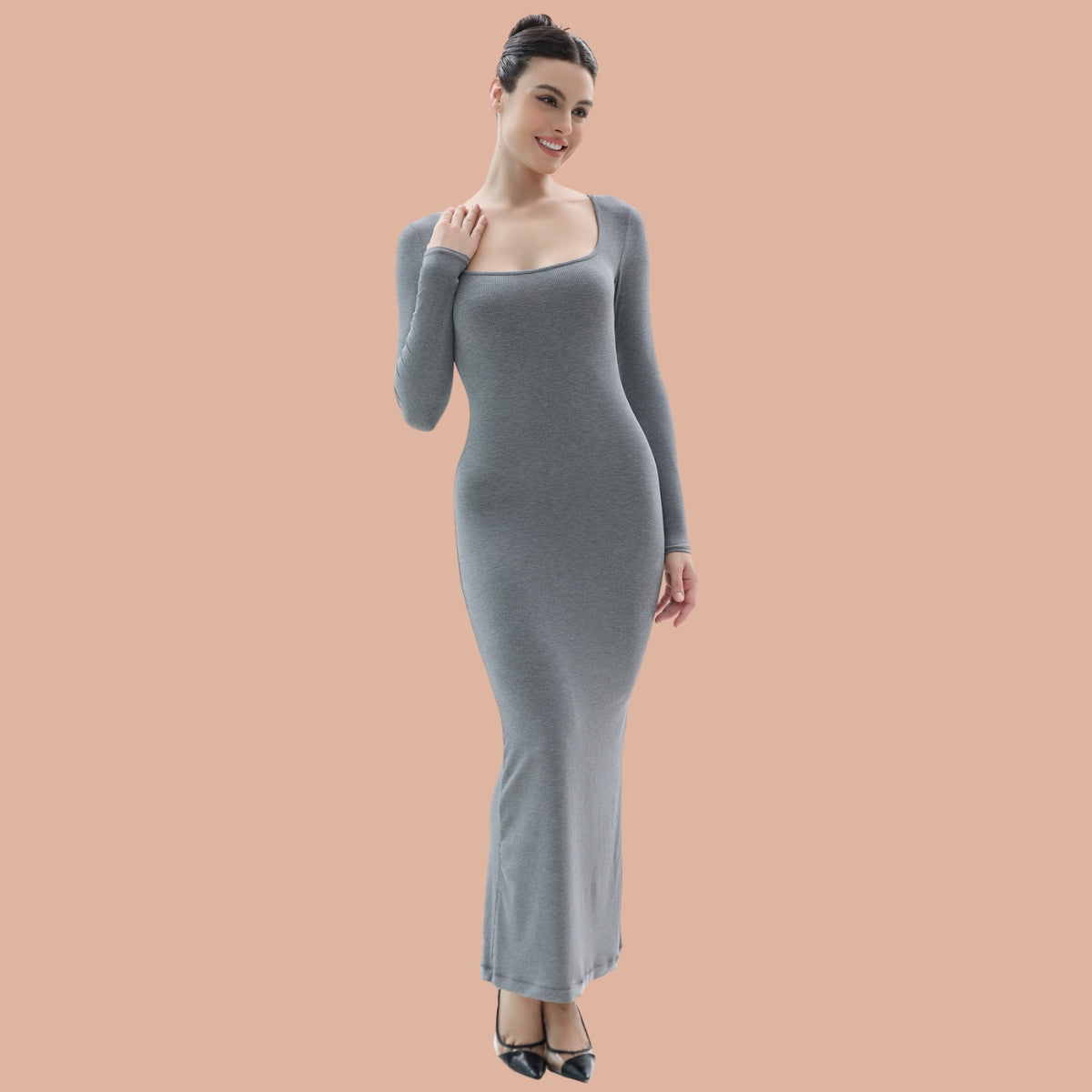 Vibecurve Women's Long Sleeve Dress Soft Lounge  Ribbed Square Neck Dresses Vibecurve
