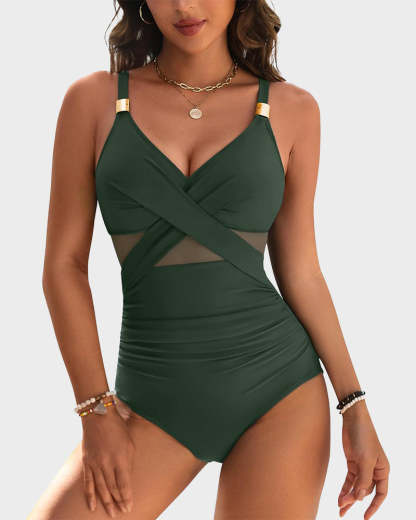 Vibecurve® Metallic Accent Mesh Panel One-Piece Swimsuit