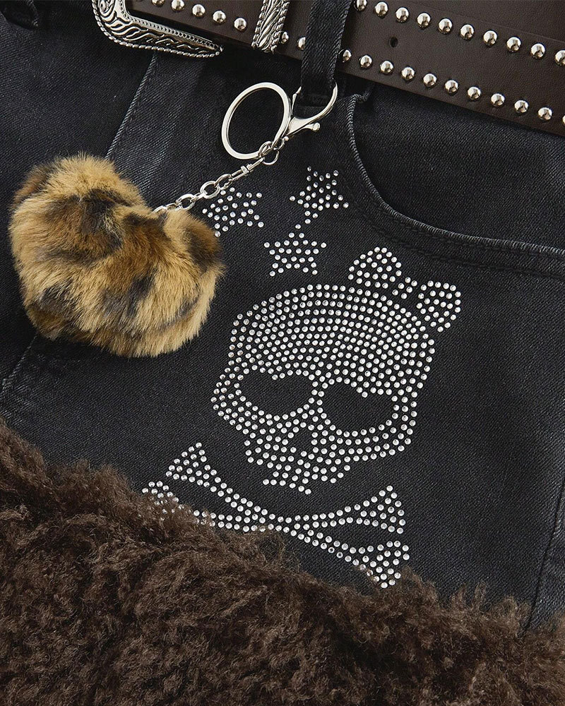 Vibecurve® J-Fashion Women's Y2K Leopard Print Rhinestone Skull Decor Denim Mini Skirt