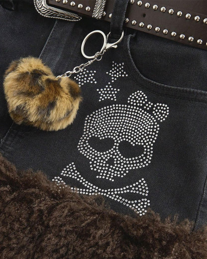 Vibecurve® J-Fashion Women's Y2K Leopard Print Rhinestone Skull Decor Denim Mini Skirt