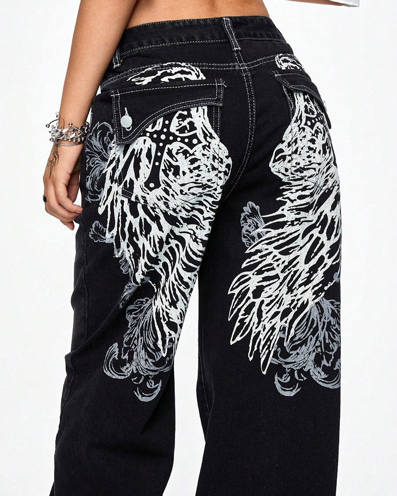 Vibecurve® Grunge Punk Women's Halloween Cross & Vine Wing Print Wide Leg Boy Friend Jeans