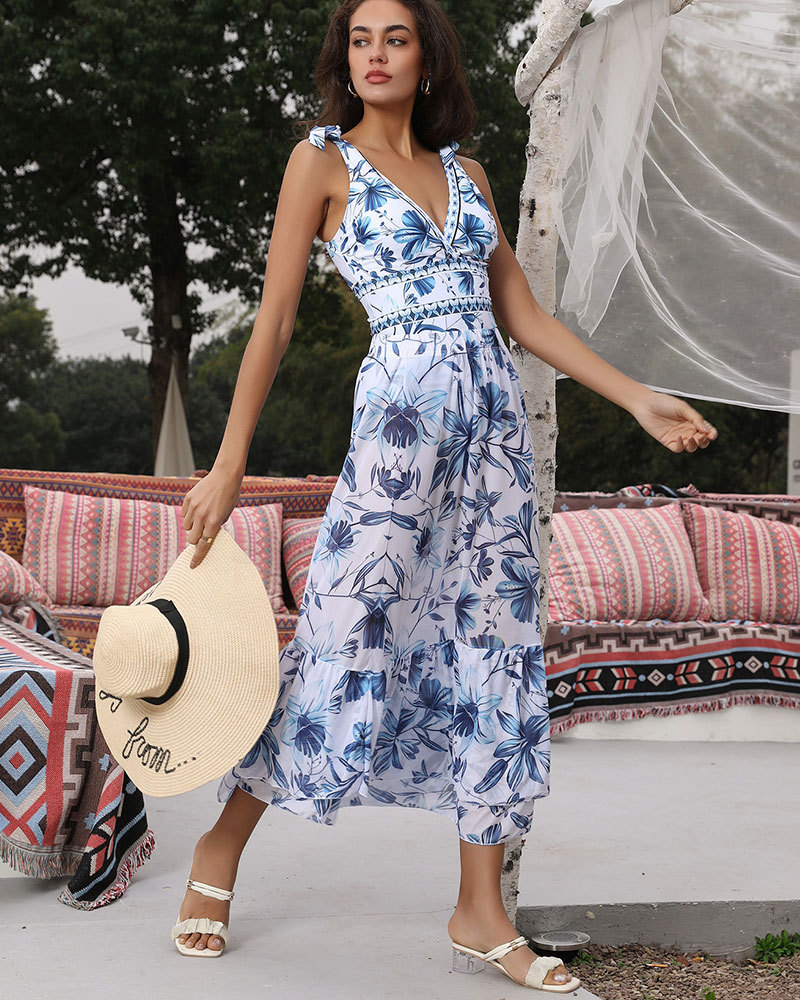 Vibecurve® V Neck Lace Up Strip Plant Prints One Piece Swimsuit and Skirt/Sarong