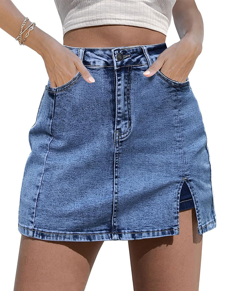 Vibecurve®Shorts Skirts for Women Denim Mini Skirt Side Slit with High Waisted Jean Shorts Stretchy