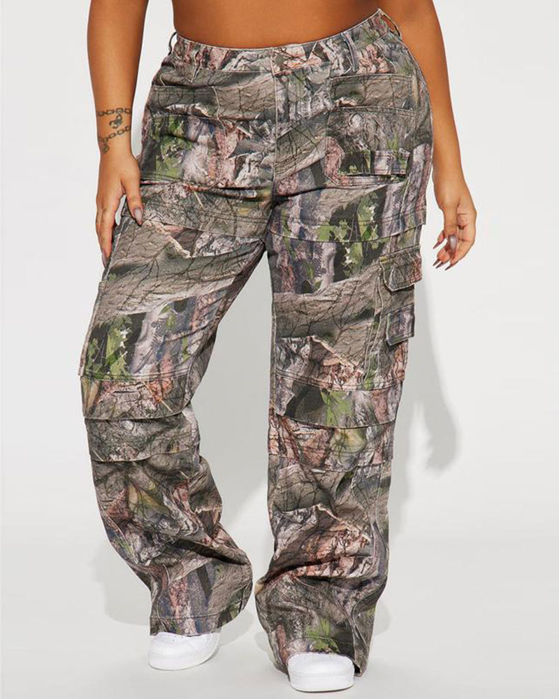 Vibecurve® Camo Stretch Cargo Jean - Olive/combo