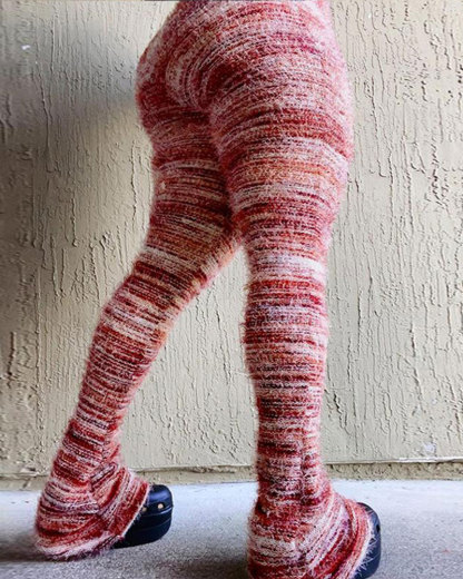 Vibecurve® Women's Striped Print Flare Leg Fuzzy Sweater Pants