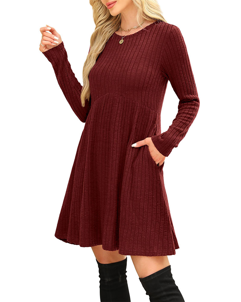 Vibecurve® Long Sleeve Dress for Women Crew Neck Empire Waist Tunic Dress with Pockets