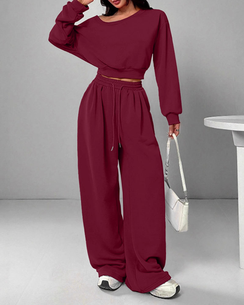 Vibecurve® Leisure Solid Color Sloping Shoulder Long Sleeve Top & Wide Leg Trousers Co-ord