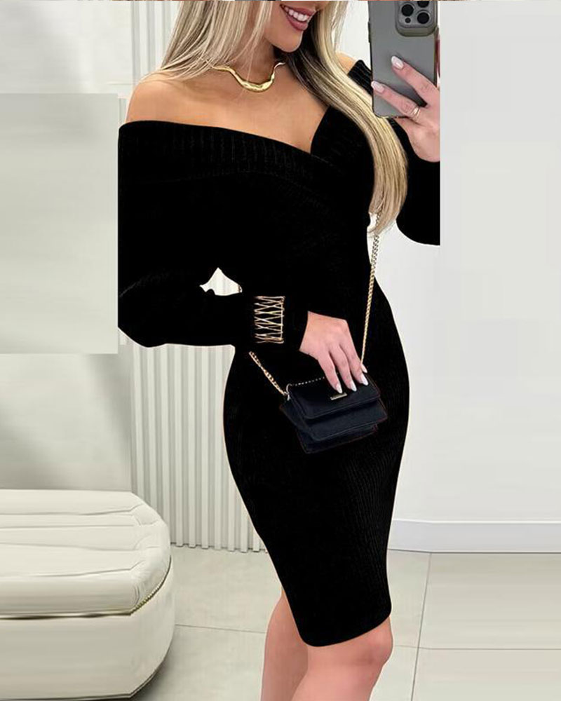 🔥Vibecurve® Women's Off Shoulder Slim Fit Knit Long Sleeve Dress Bodycon Sweater Dress