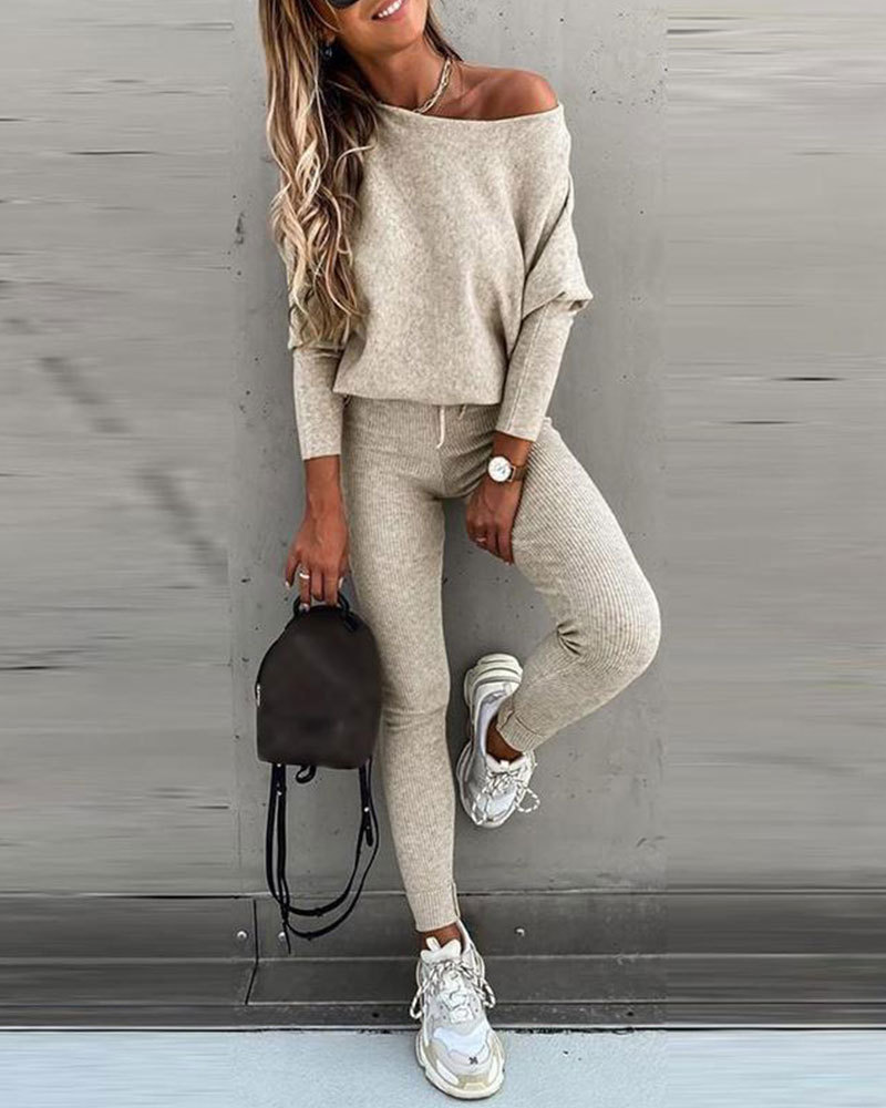 Vibecurve® Women's 2 Piece Lounge Outfit Long Sleeve Pullover Tops Drawstring High Waisted Pants Set