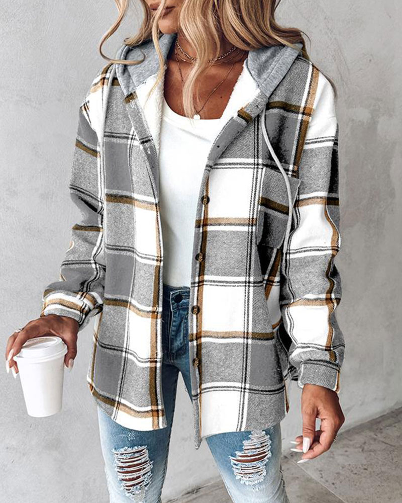 Vibecurve® Plaid Pattern Long Sleeve Shacket Button Down Fleece Lined Hooded Jackets Warm Coat