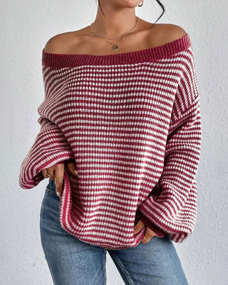 Vibecurve® Women's Striped Drop Shoulder Sweater, Casual Bishop Sleeve Boat Neck Jumper
