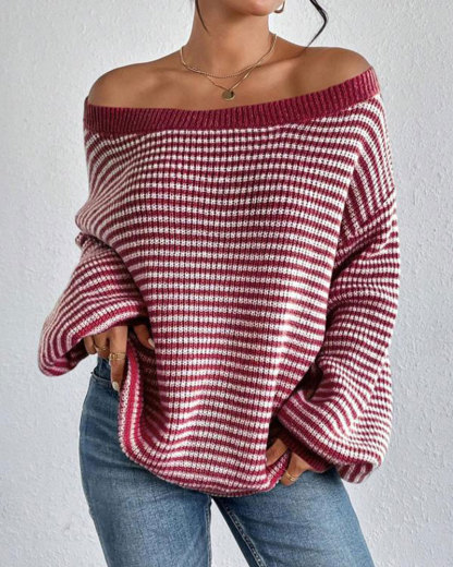 Vibecurve® Women's Striped Drop Shoulder Sweater, Casual Bishop Sleeve Boat Neck Jumper