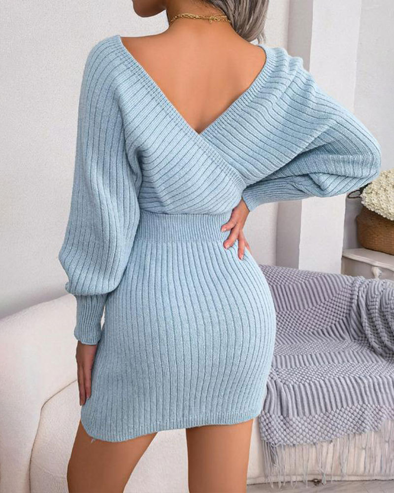Vibecurve® Women's Plain Wrapped V Neck Leg-of-mutton Sleeve Sweater Dress