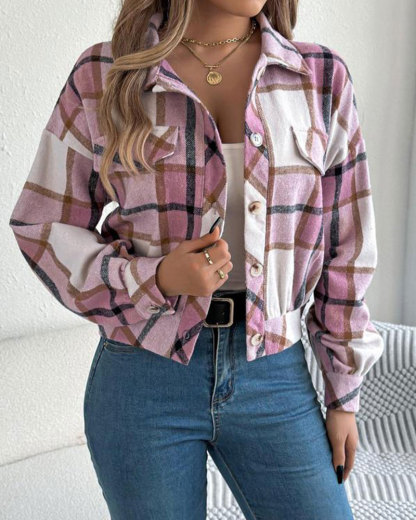 Vibecurve® Women's Chic Plaid Print Button Front Drop Shoulder Jacket