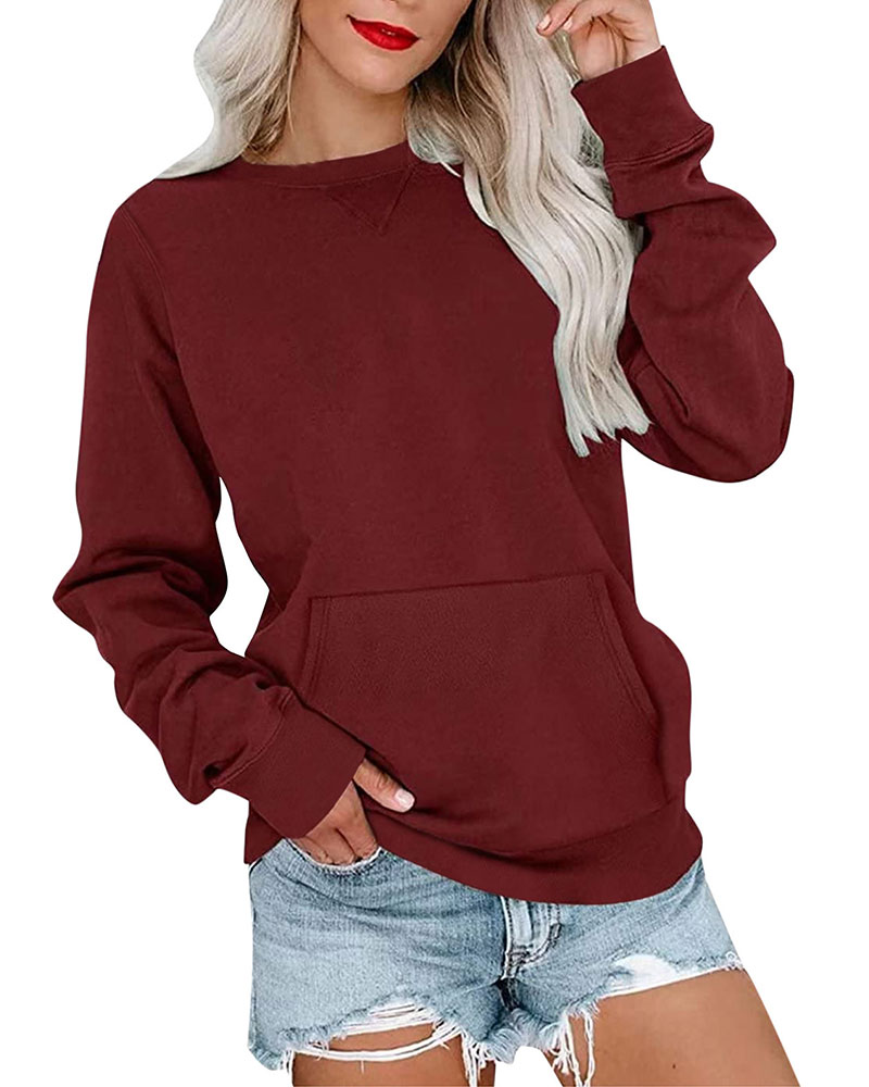 Vibecurve® Women's Crewneck Hoodless Sweatshirt With Kangaroo Pocket