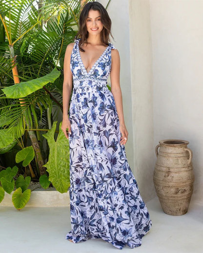 Vibecurve® V Neck Lace Up Strip Plant Prints One Piece Swimsuit and Skirt/Sarong