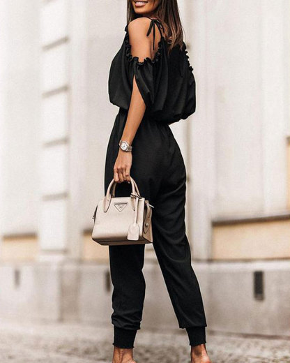 Vibecurve® One Piece Jumpsuit with Cold Shoulder & Side Pockets