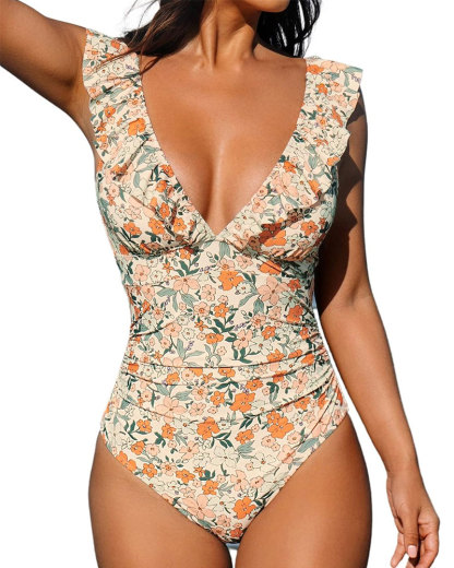 Vibecurve® Women's Ruffled One Piece Swimsuit V Neck Lace Up