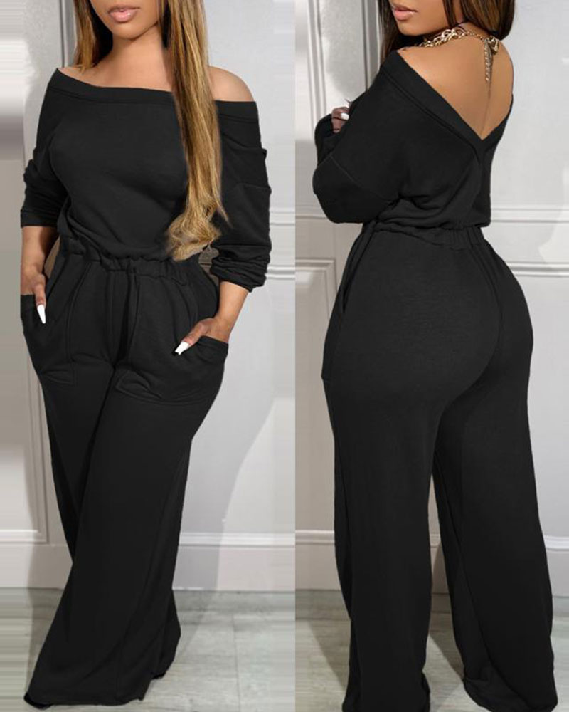 Vibecurve® Off Shoulder V-Back Stretchy Waist Pocket Design Jumpsuit