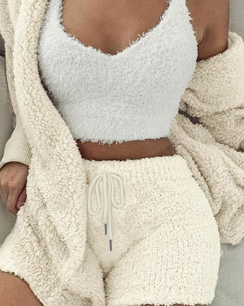 Vibecurve® Solid Color Plush Three-piece Pyjama Set, Fluffy Pajamas