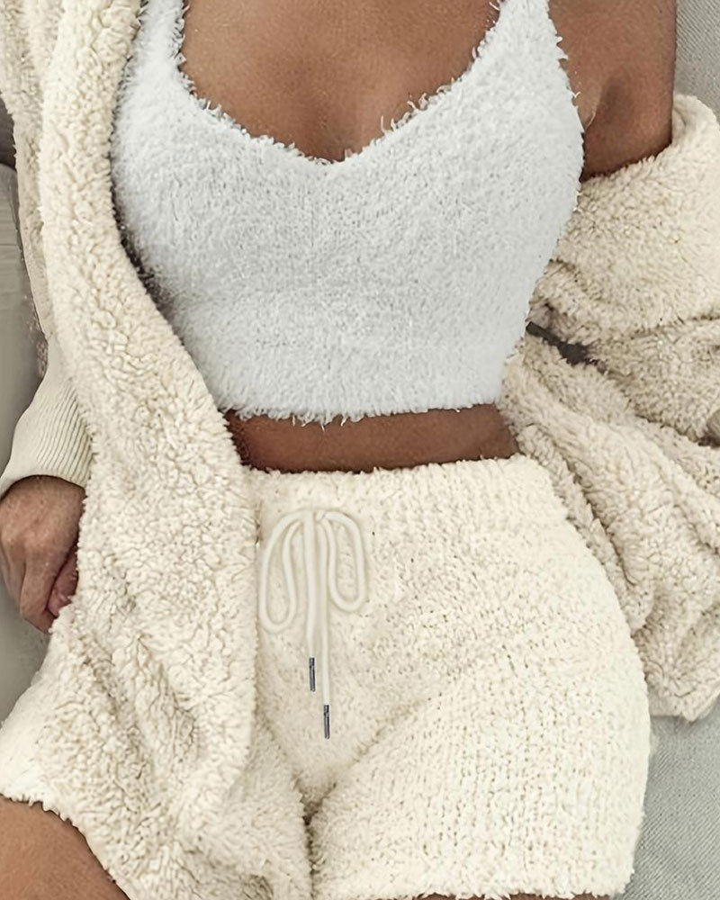 Vibecurve® Solid Color Plush Three-piece Pyjama Set, Fluffy Pajamas