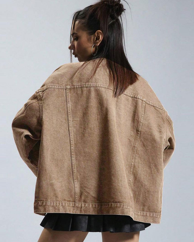 Vibecurve® Plain Button Front Drop Shoulder Denim Coat