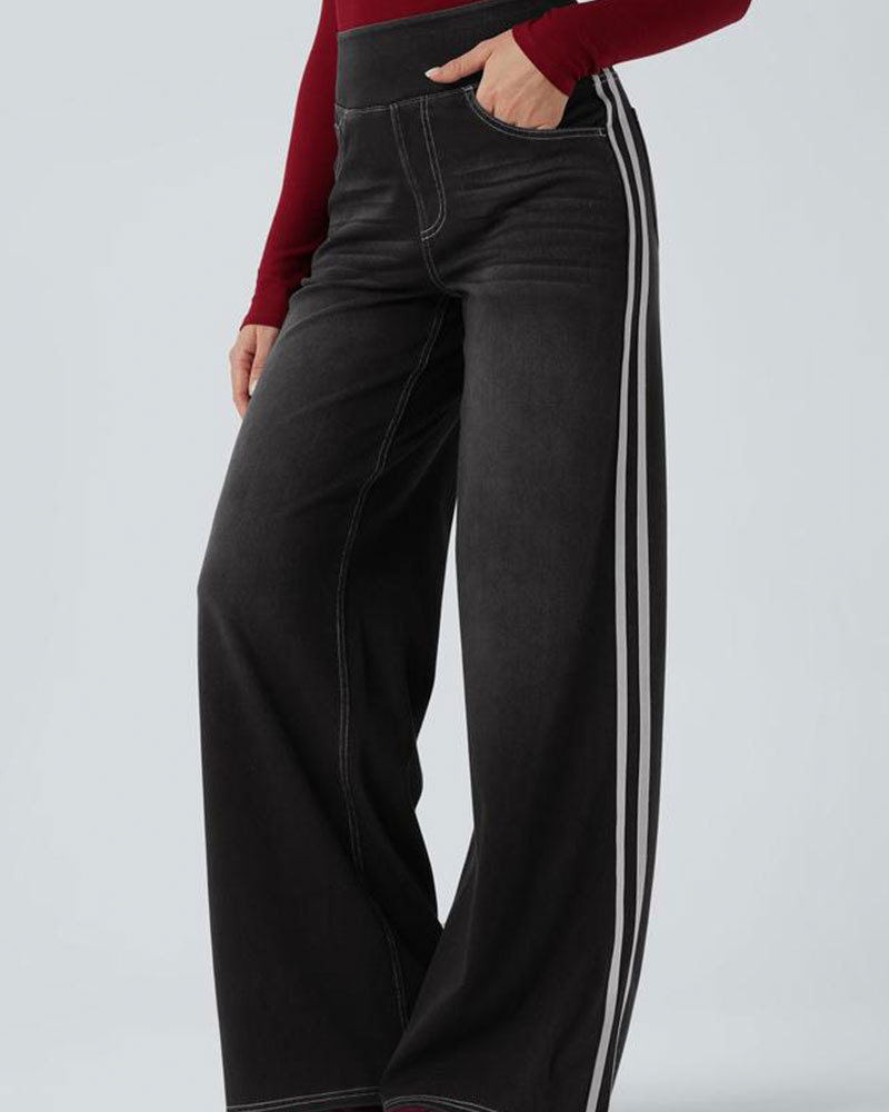 Vibecurve® High Waisted Stripe Wide Leg Flowy Washed Casual Jeans with Pockets