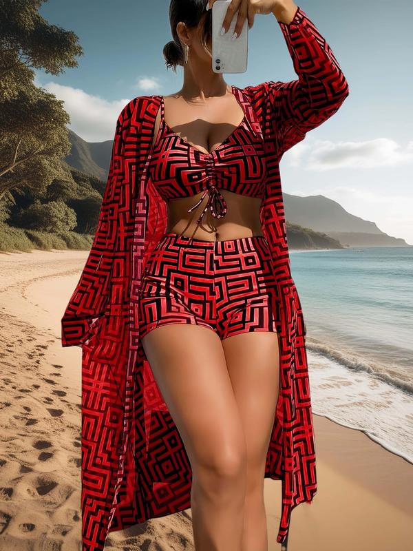 Vibecurve® Three-Piece Set Women's Geometric PrintDrawstring Swimsuit 