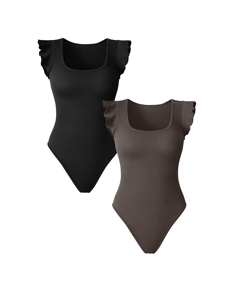 Vibecurve® Sexy Ribbed Square Neck Ruffles Sleeve Stretch Fit Basic Tank Tops Bodysuits