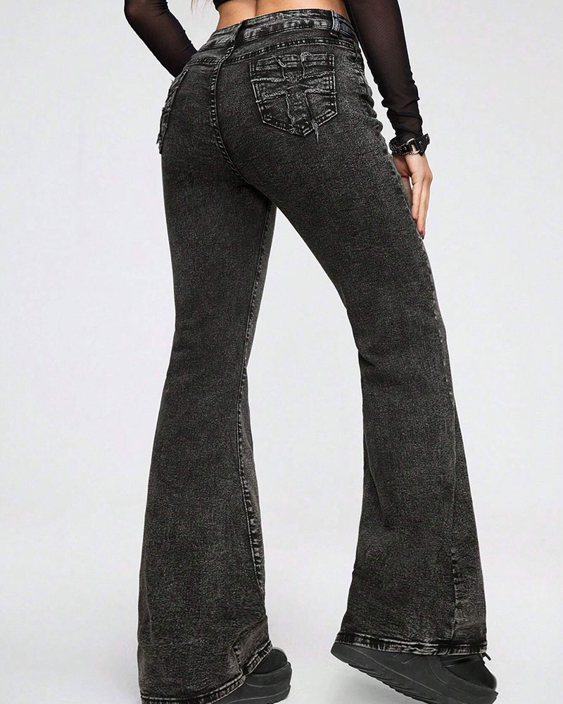 Vibecurve® Goth Slant Pocket Flare Leg Jeans