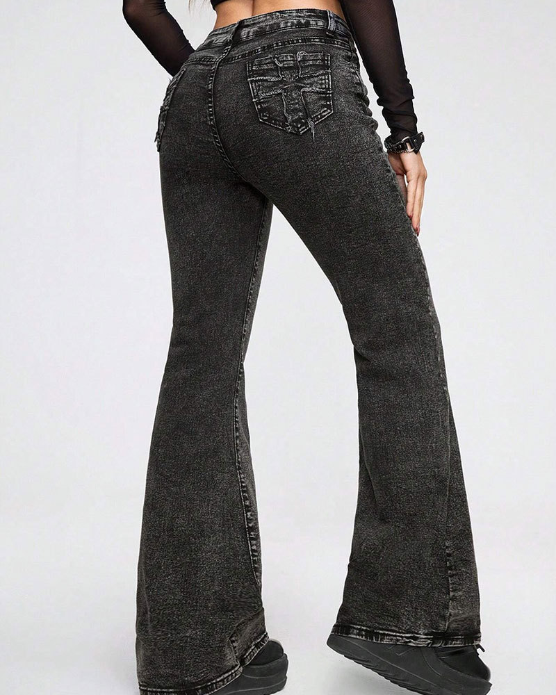 Vibecurve® Goth Slant Pocket Flare Leg Jeans