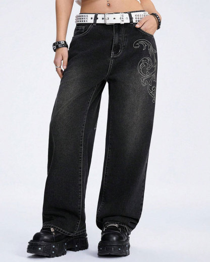 Vibecurve® Grunge Punk Denim Boyfriend Low-Rise Wide-Leg Jeans