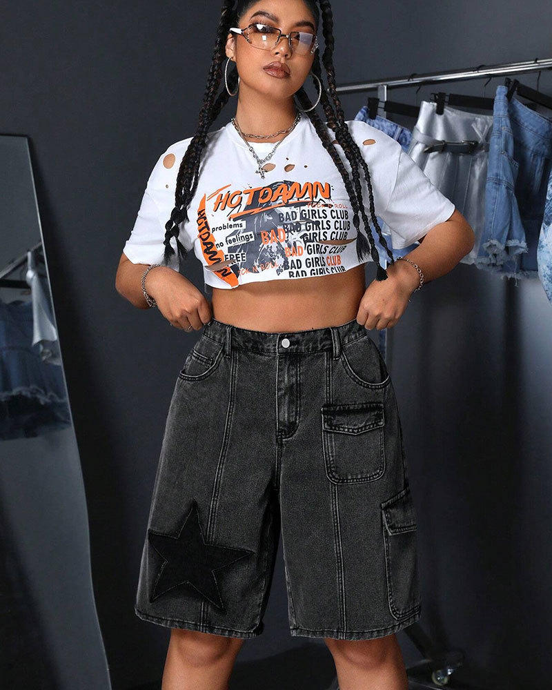 Vibecurve® Grunge Punk Unisex Punk Street Style Star Design 3D Pocket Distressed Washed Denim Bermuda Shorts