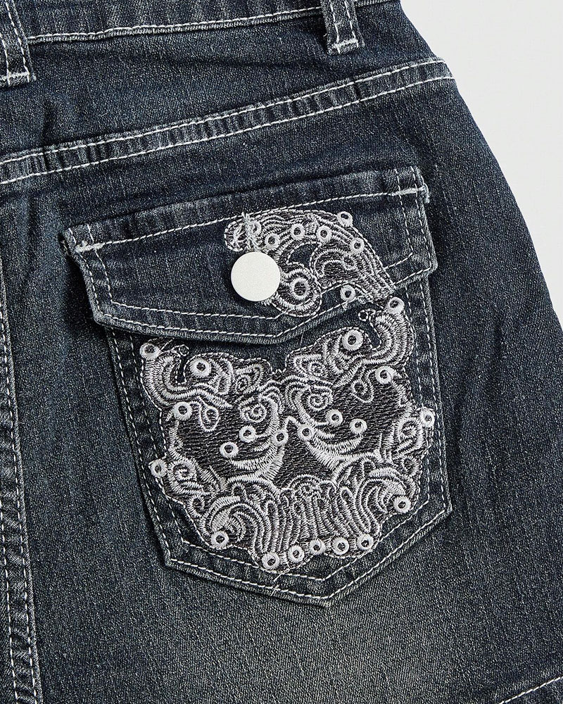 Vibecurve® Grunge Punk Gyaru Punk Style Skull Embroidery Tight & Sexy Super Short Denim Shorts