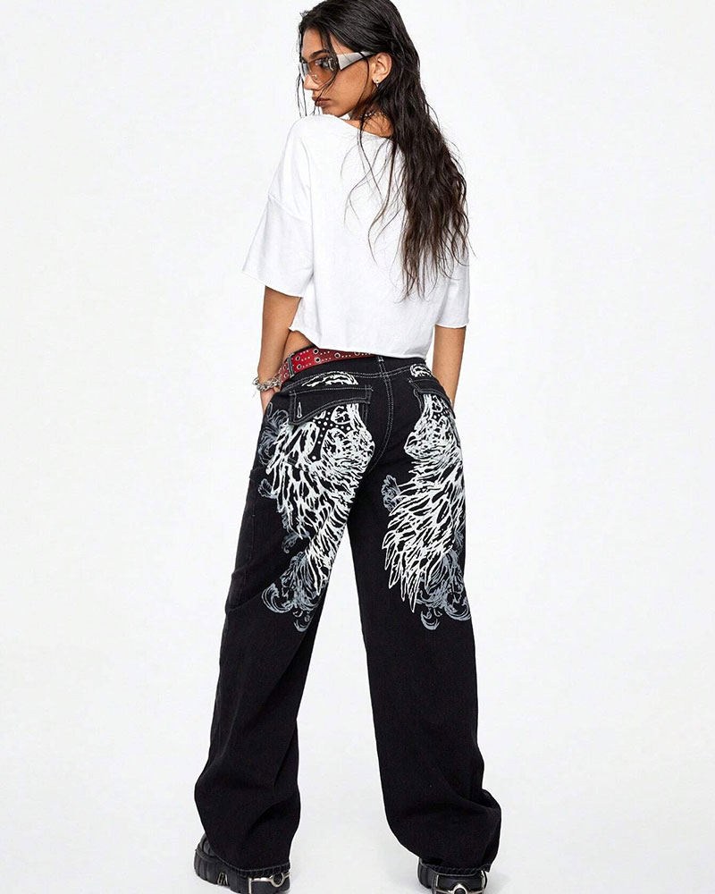 Vibecurve® Grunge Punk Women's Halloween Cross & Vine Wing Print Wide Leg Boy Friend Jeans