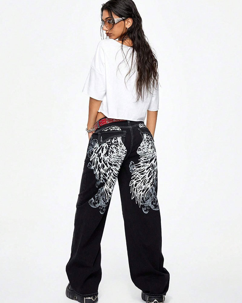 Vibecurve® Grunge Punk Women's Halloween Cross & Vine Wing Print Wide Leg Boy Friend Jeans