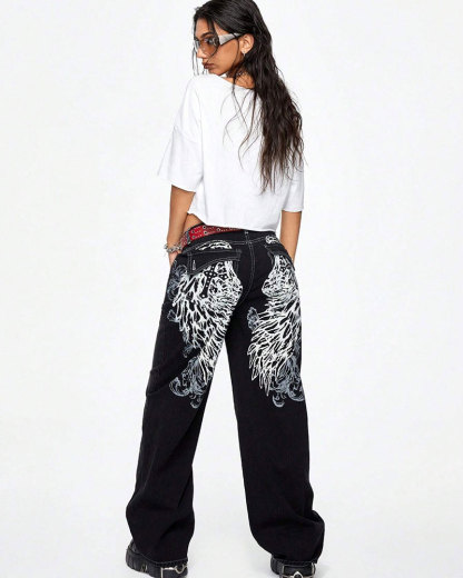 Vibecurve® Grunge Punk Women's Halloween Cross & Vine Wing Print Wide Leg Boy Friend Jeans
