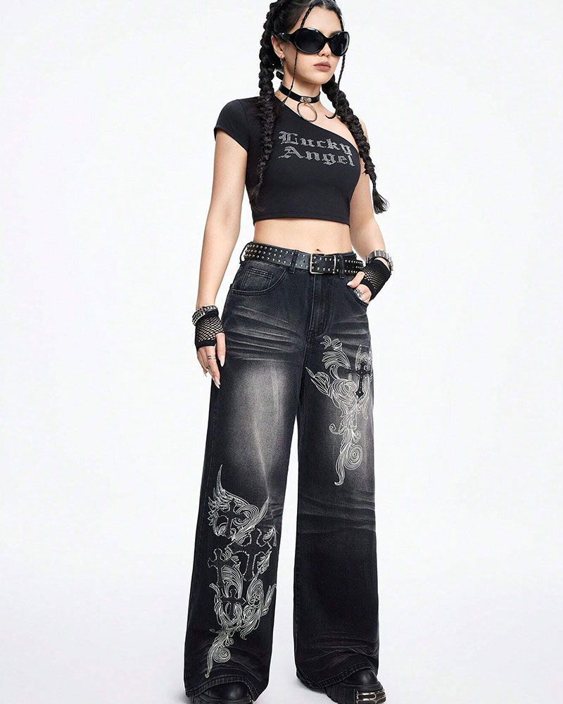 Vibecurve® Grunge Punk Women's Loose Fit Cross Patterned Pocket Flared Casual Jeans