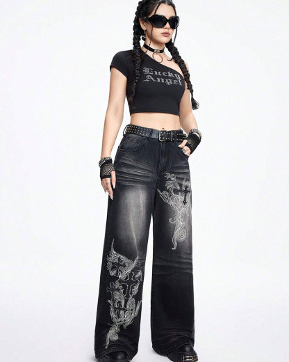 Vibecurve® Grunge Punk Women's Loose Fit Cross Patterned Pocket Flared Casual Jeans