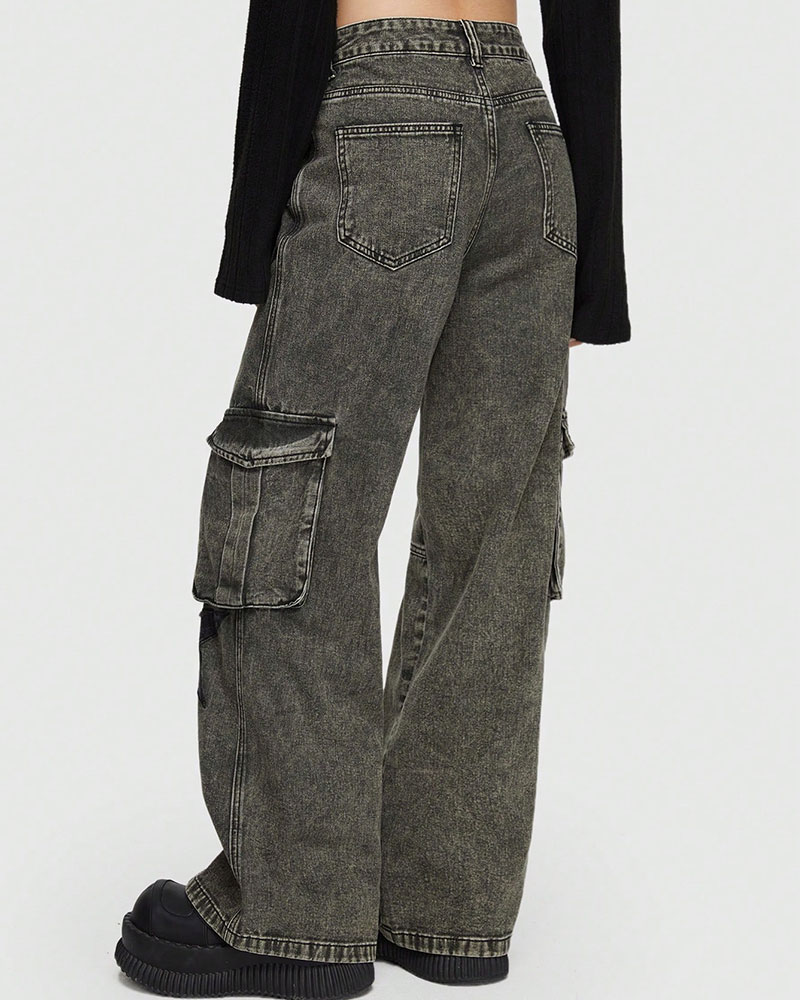 Vibecurve® Grunge Punk Star Print Flap Pocket Cargo Jeans