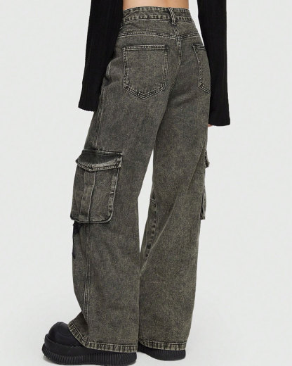 Vibecurve® Grunge Punk Star Print Flap Pocket Cargo Jeans