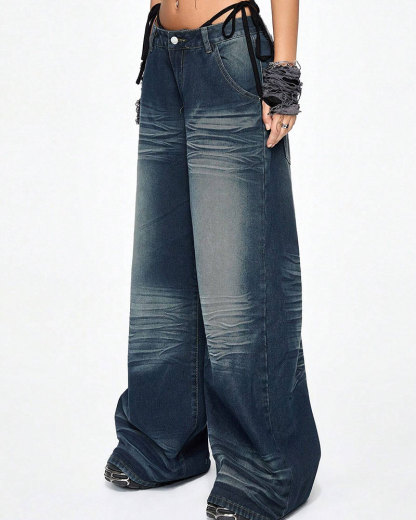 Vibecurve® Grunge Punk Women's Oversized Fit Back Pocket Embroidered Boy Friend Jeans