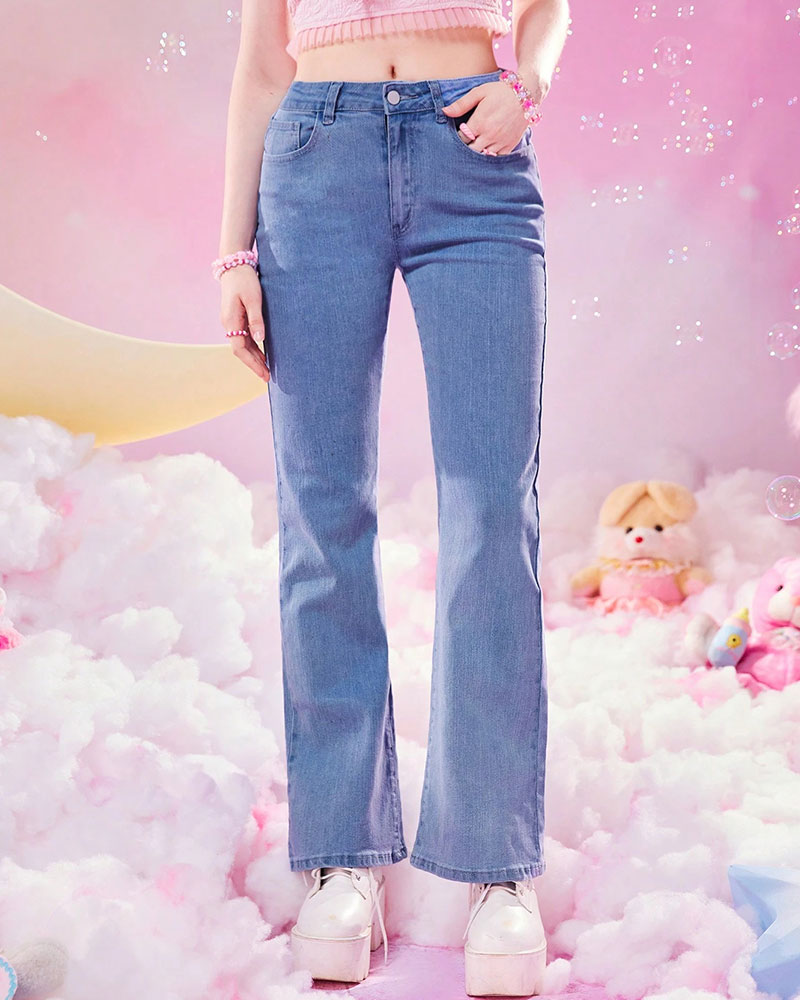 Vibecurve® Kawaii Bow Lace Trim Pocket Flare Leg Jeans