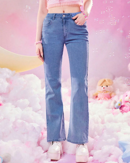 Vibecurve® Kawaii Bow Lace Trim Pocket Flare Leg Jeans