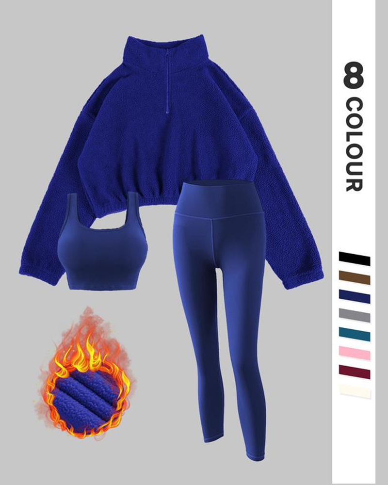 Vibecurve® Solid Thermal Lined Tracksuit Set, Sporty Casual Comfy Breathable Three-piece Outfits