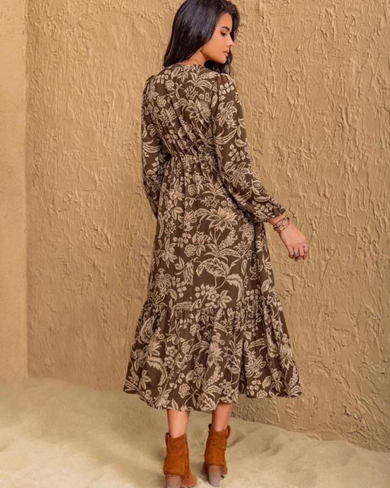 Vibecurve® Floral Print Contrast Lace Long Sleeve Ruffle Hem Dress