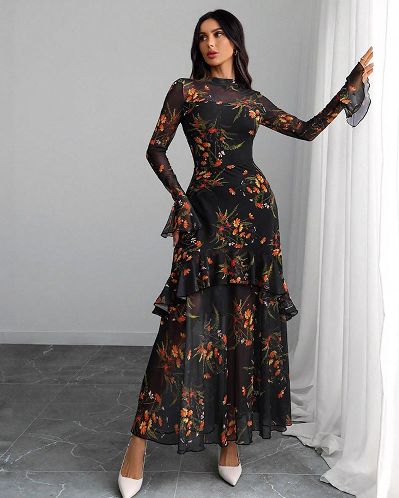 Vibecurve® Floral Print Dress, Elegant Gothic Long Sleeve Dress for Party