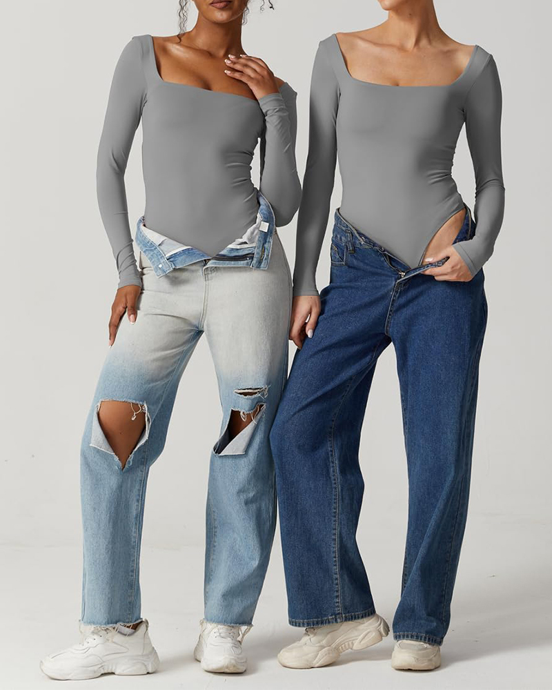 Vibecurve® Bodysuit Tops for Women Square Neck Long Sleeve Double Lined T-shirt