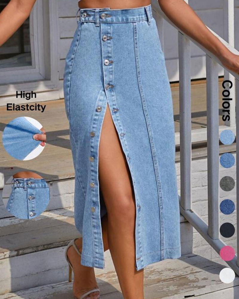 Vibecurve® Button Front Denim Skirt, Casual Fashion Skirt for Daily Wear